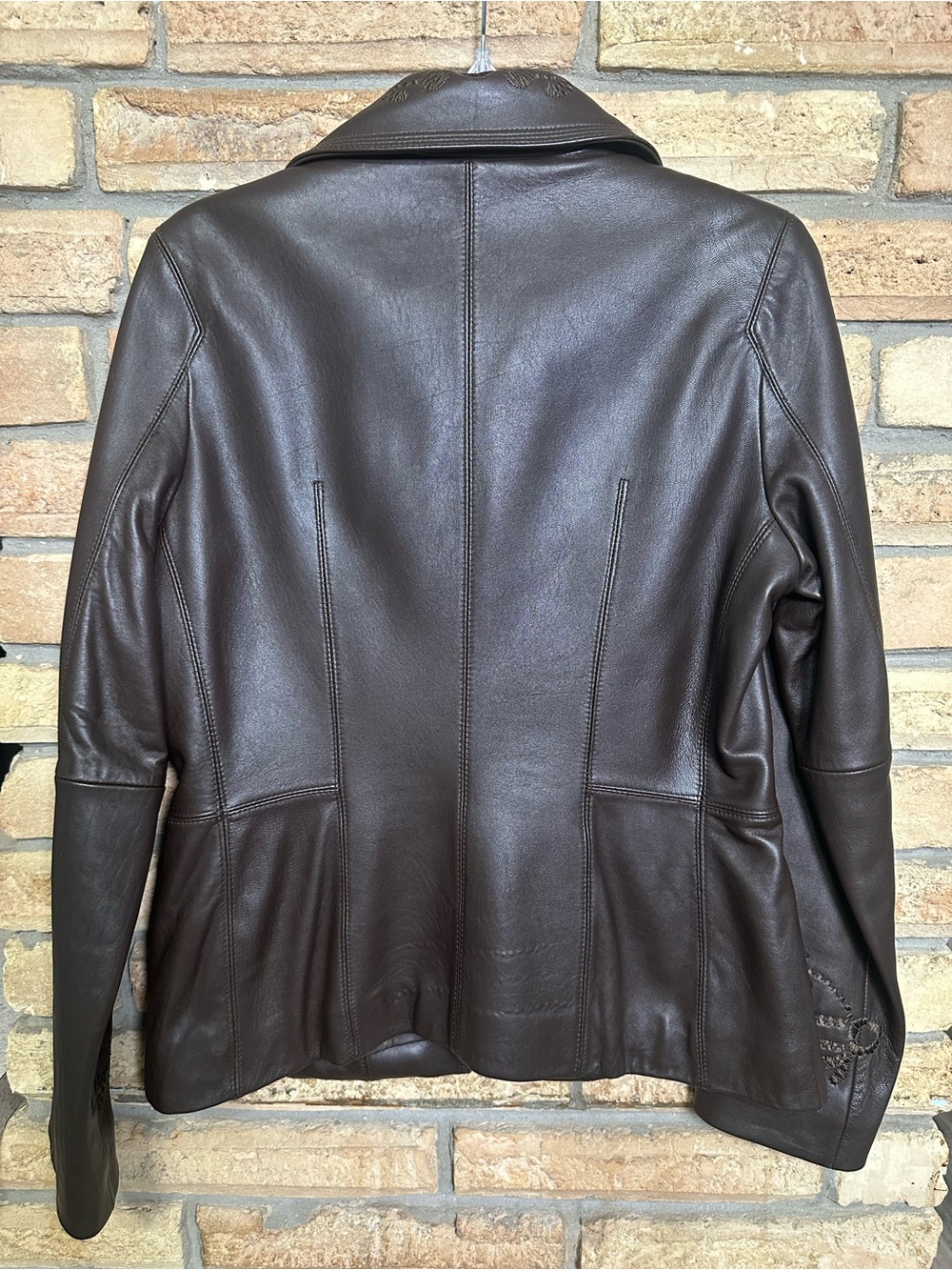 Jones New York Brown Leather Jacket with Embroidered Collar and Sleeves Size M - Picture 2 of 11
